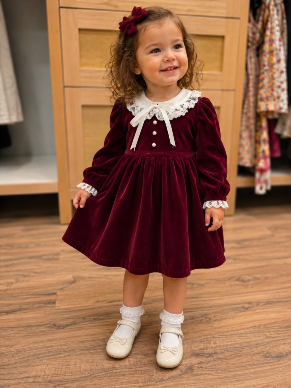 Good Lad Burgundy Velvet Dress with White Lace Collar